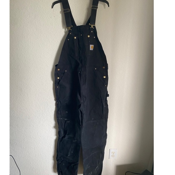 ASO DRUSKI Carhartt Black Duck Bib Thrashed Paint Splatter Canvas Overalls 42x34 - Picture 2 of 16